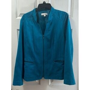 Studio Works Women Teal Blue Collarless Zip Front Jacket Blazer Size 18